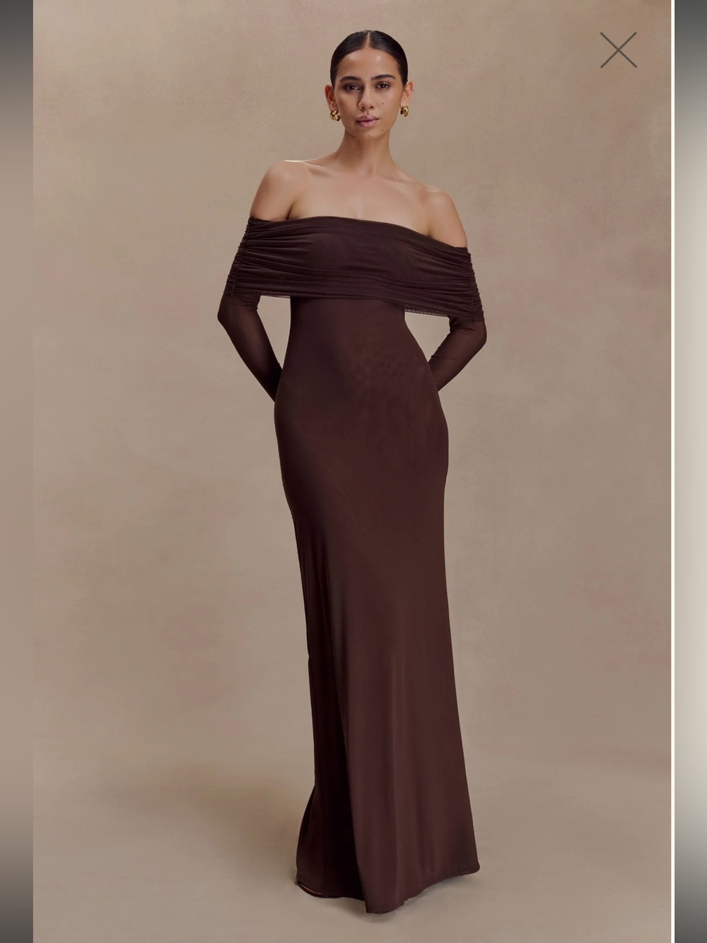 Meshki One-Shoulder Long Sleeve Gown in Brown